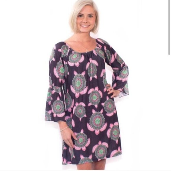 New Simply Southern Preppy Boho Turtle Bell Sleeves Dress Size Large - Picture 1 of 9